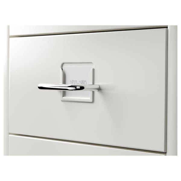 White metal drawer unit with sleek handle, featuring castors for mobility. Elegant and functional design.