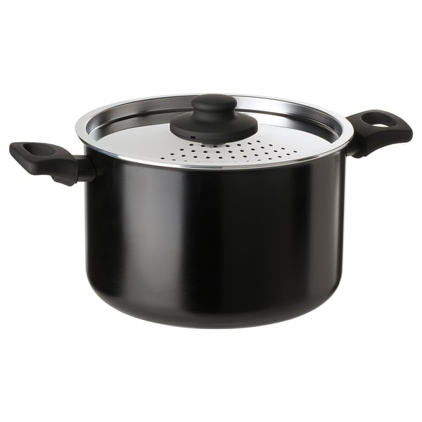 HEMLAGAD black saucepan, steel lid with steam vent, sturdy handles, round shape, non-stick coating.