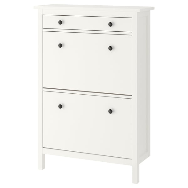 HEMNES shoe cabinet: 5 compartments, 2 drawers, black knobs.
