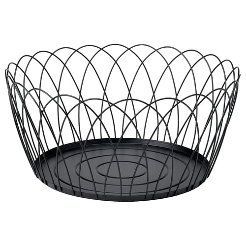 Black wire basket HÖSTAGILLE, round, intricate design, made of powder-coated steel.