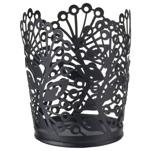Black, intricate metal lantern with circular patterns, part of the HÖSTAGILLE collection.