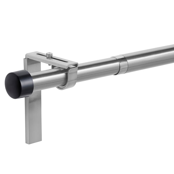 Metal curtain rod with adjustable length and silver finish. Shown with black finial.