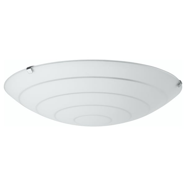A HYBY ceiling lamp with a frosted white glass shade. It has a wavy design and metal fixtures. The lamp is white, round, and modern.