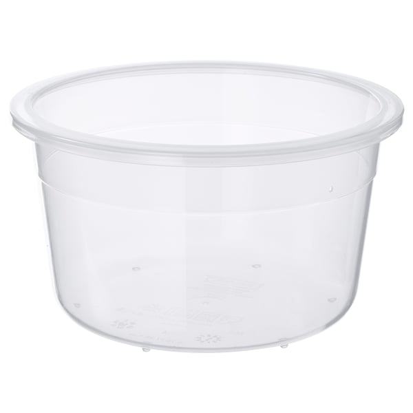 IKEA 365+ clear plastic round food container; stackable, durable, bpa-free.