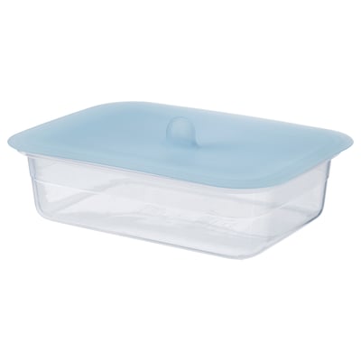 IKEA 365+ clear food container with blue silicone lid, rectangular shape, transparent with vacuum-seal lid.