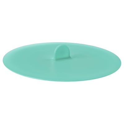 Aqua IKEA 365+ round silicone lid, flat with single handle.