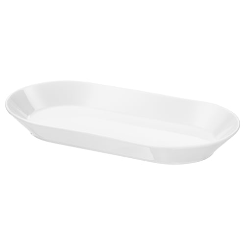 A white, oval-shaped porcelain dish from IKEA 365+ series, simple and durable.