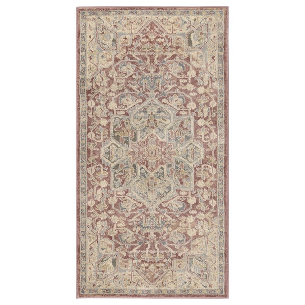 A rectangular, beige JÄRNVÄG rug with intricate red and blue designs. Its made of recycled materials and a detailed, traditional pattern.
