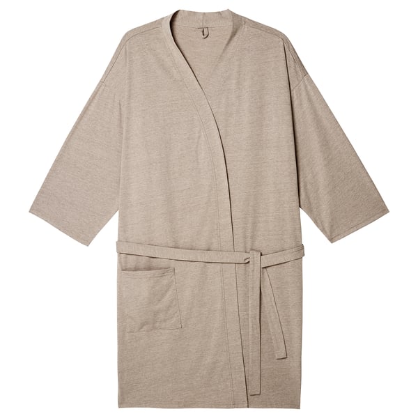 Beige, soft bathrobe with tie belt, front pocket, and loose sleeves. Lightweight, stylish, and comfortable for relaxation.