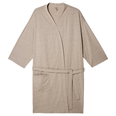 Beige, soft bathrobe with tie belt, front pocket, and loose sleeves. Lightweight, stylish, and comfortable for relaxation.