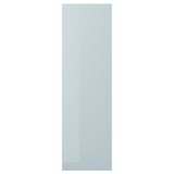 Light blue high-gloss rectangular cabinet door with sleek, straight lines. Modern minimalist kitchen design, made from recycled materials.