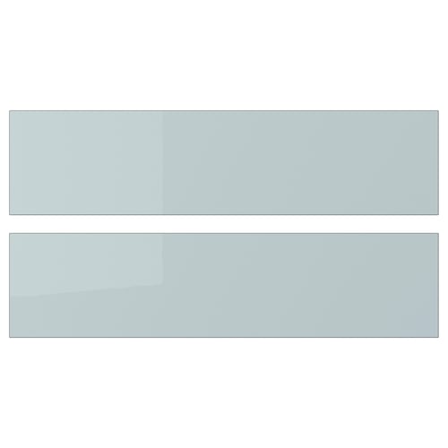 Two sleek, modern, high-gloss grey-blue KALLARP drawer fronts, rectangular with clean lines and eco-friendly recycled material.