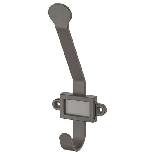 KARTOTEK wall hook, grey, metal & plastic, curved design, label holder.