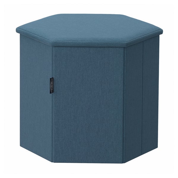 Blue hexagonal fabric storage ottoman with removable lid.
