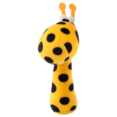 A bright yellow plush giraffe baby toy with black spots, two small orange horns, and soft texture.