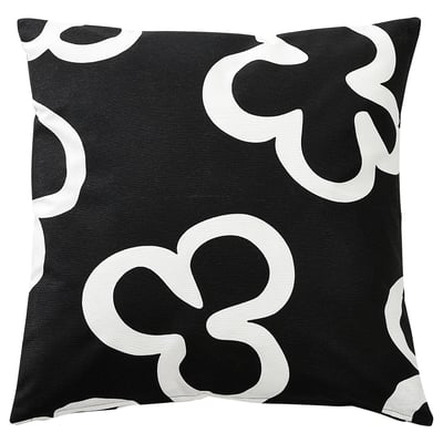 Black & white KLIPPBRÄCKA pillow with floral pattern, recycled, zip closure.