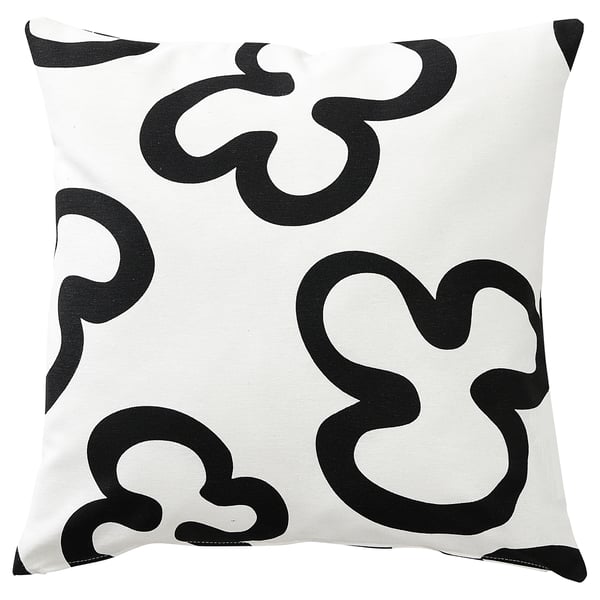 KLIPPBRÄCKA pillow: square, white & black, recycled cotton & polyester, bold abstract shapes.