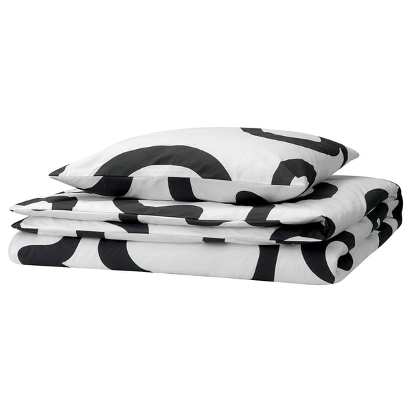 KLIPPBRÄCKA duvet cover, black/white, 100% cotton blend, geometric design, folded neatly.
