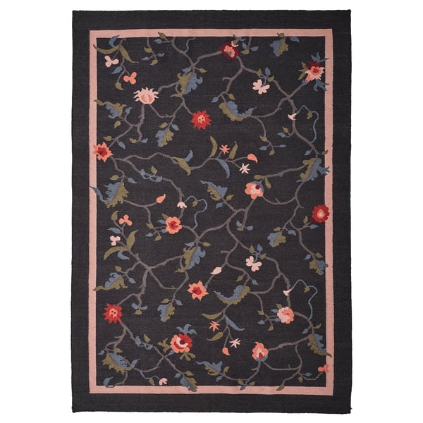 KLOCKBUSKE rug: dark grey, floral, rectangular, handwoven wool.