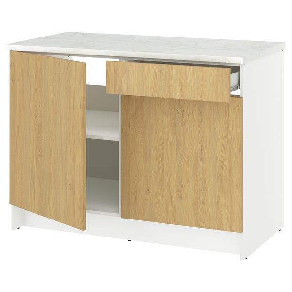 KNOXHULT kitchen unit, white marble top, oak drawers. Modern, functional design with drawer and cabinet storage.