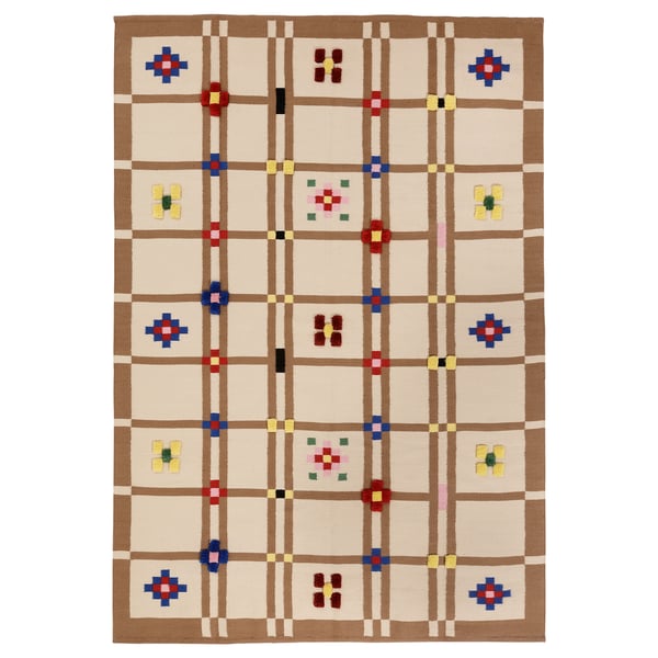 Knyiharven rug, beige-brown, rectangular, grid pattern with colourful blocks, woven wool, cotton.
