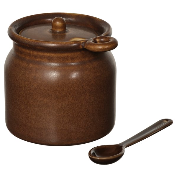 KÖSSEBÄR jam jar, brown, glazed stoneware, round with lid & spoon.