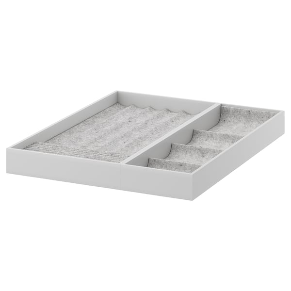 KOMPLEMENT white organiser tray, rectangular, felt-lined compartments for accessories, grey.