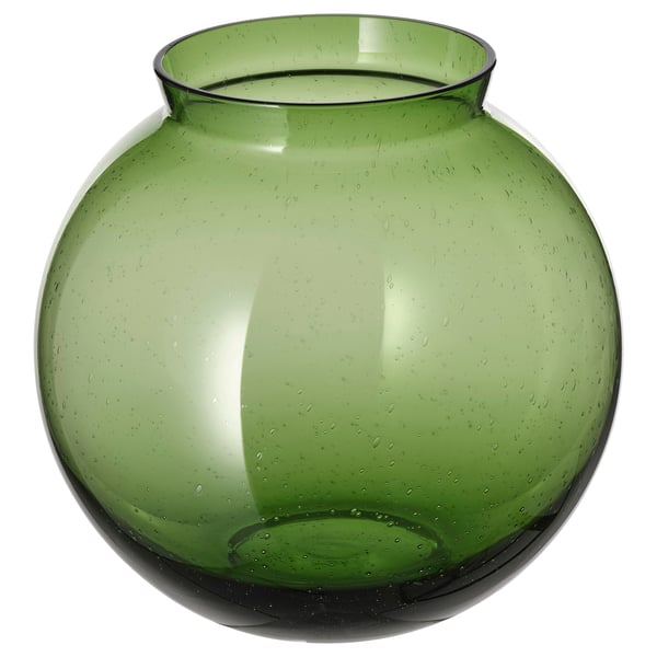 A green, round glass vase named KONSTFULL with bubble texture, handcrafted, designed by ilse crawford.