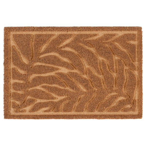 The KONTANTER doormat is natural brown, rectangular, with a 3d leaf pattern on coir fibre.