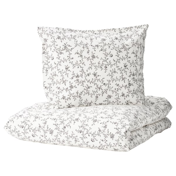 KOPPARRANKA duvet set, white with black floral pattern, a cotton and viscose blend for comfort.