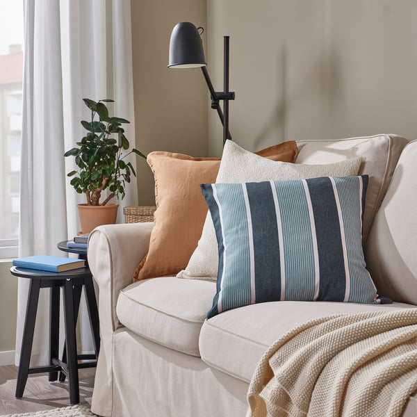 KORALLBUSKE blue & white striped cushion cover - handcrafted recycled cotton & jute