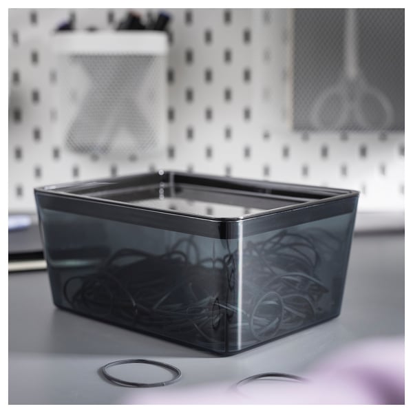Grey KUGGIS box on white surface, recycled plastic, rounded edges, great for organising small items.