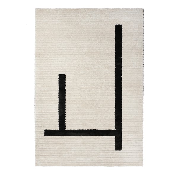 LÄNSVÄG rug: off-white with bold black lines, mix of high/low piles, soft polyester and rubber backing.