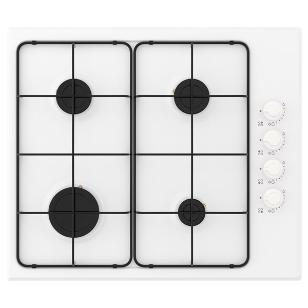 A white gas stove with four burners and black knobs. It has electronic ignition and removable pan supports.