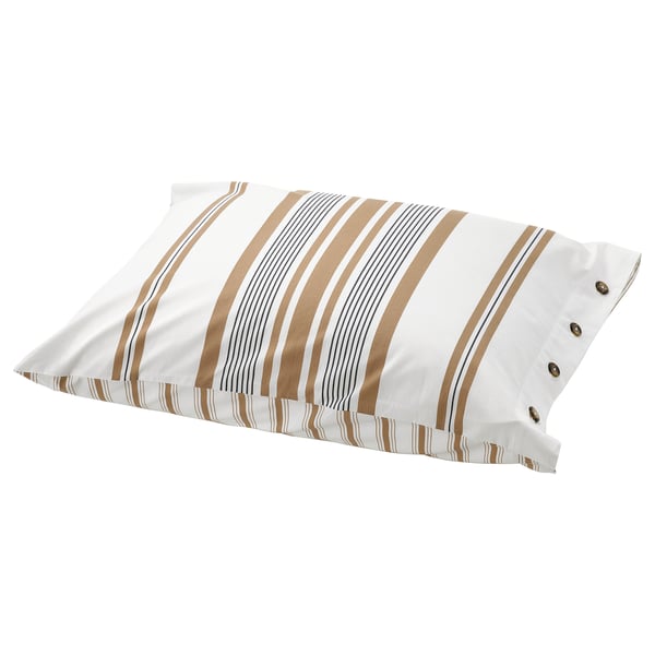 A beige and white striped pillowcase with button closure, made of cotton and viscose.