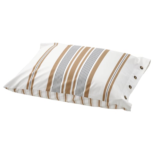 A beige and white striped pillowcase with button closure, made of cotton and viscose.