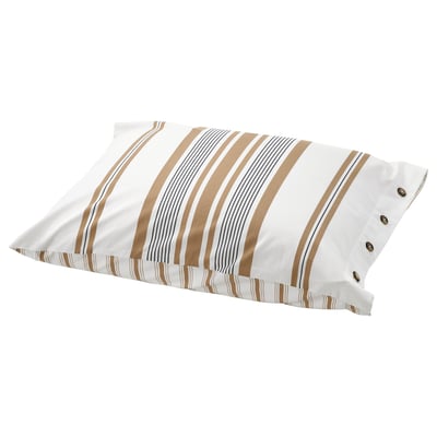 A beige and white striped pillowcase with button closure, made of cotton and viscose.