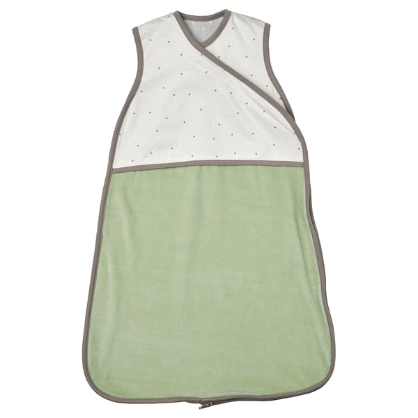 Green and white baby sleep bag with zip, soft fabric, dotted pattern.