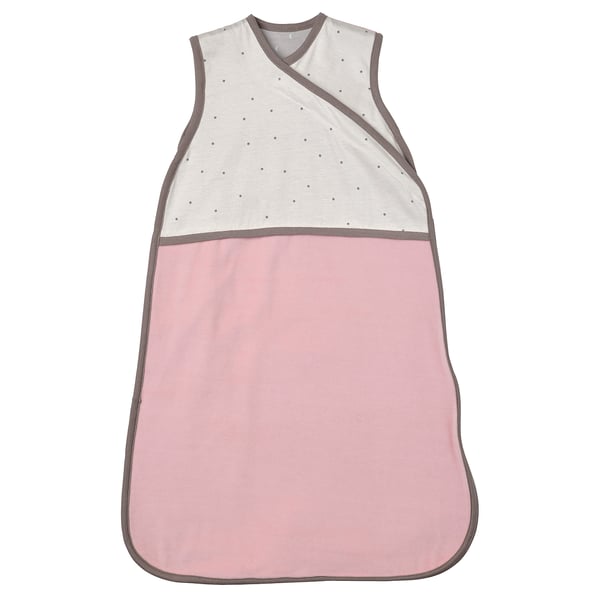 Baby sleep bag, pink & white polka dots, soft velour with cotton jersey, sleeveless, zip front.