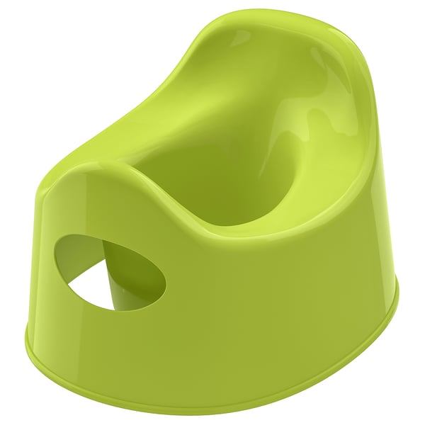 Bright green, child-sized toilet training chair. Curved edges, non-slip base, easy to clean.