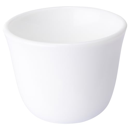 A white LJUMMEN mug made of tempered glass. It has a simple, smooth design and is dishwasher-safe.