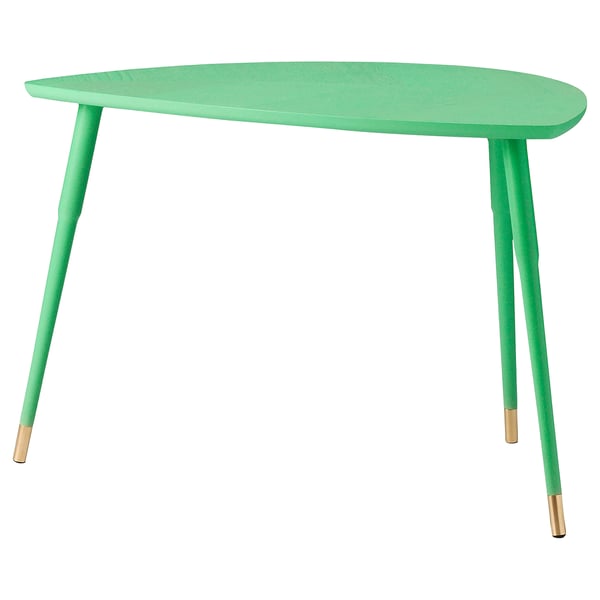 Bright green, retro-style side table, LÖVBACKEN, semi-circular top, three angled legs with gold tips, durable ash veneer.