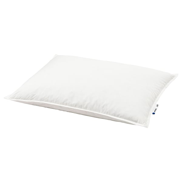 Depicts a white LUNDTRAV pillow with soft cotton fabric, plump with 90% feather filling, ideal for side or back sleepers.
