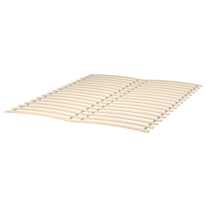 Light wooden slatted bed base with curved, evenly spaced slats.