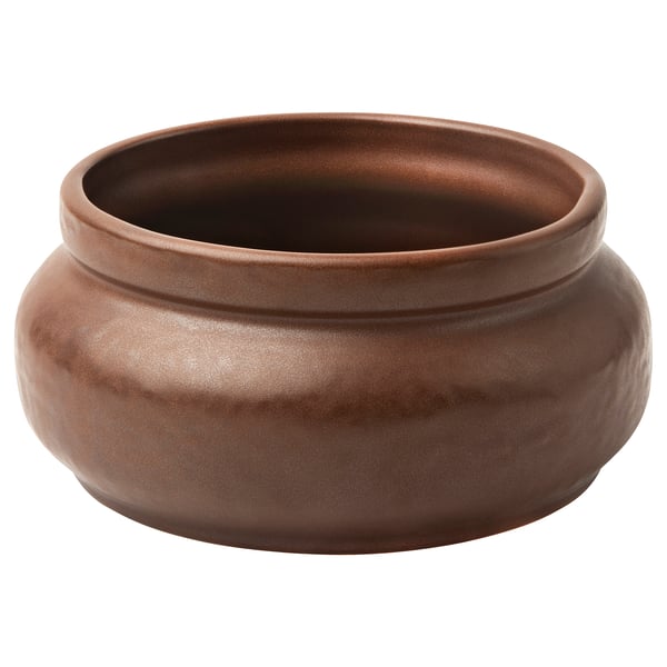Brown, handcrafted ceramic bowl with a minimalist, rounded shape and earthy finish.