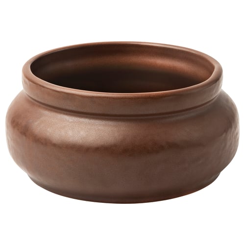 Brown, handcrafted ceramic bowl with a minimalist, rounded shape and earthy finish.