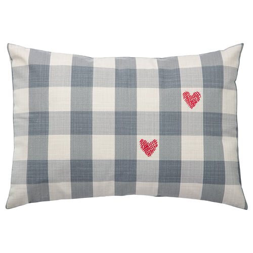MÄVINN blue and white chequered pillow with red hearts, hand-embroidered.
