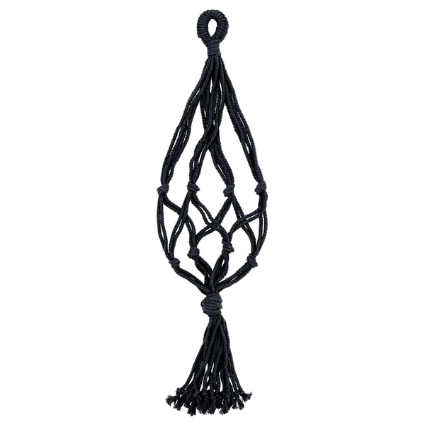 MÄVINN plant hanger, black, macramé cotton, diamond shape, tassels.