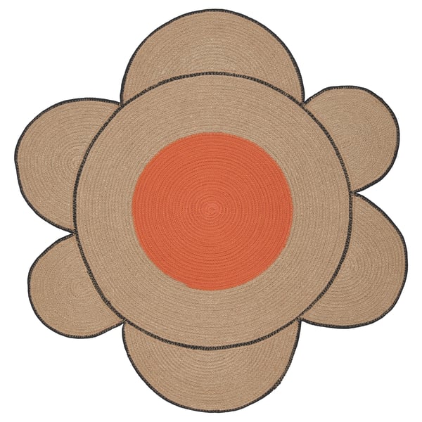 MÄVINN rug, brown jute & orange cotton, flower shape with braided petals and circular centre.
