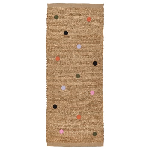 A beige jute MÄVINN rug with colourful dots, rectangular shape.